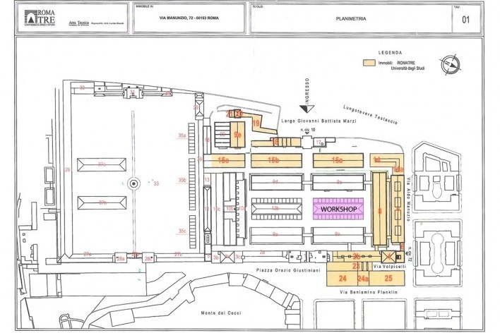 Mapa da área do Mattatoio de Testaccio e Campo Borio: Os edifícos em laranja sinalizam a área ocupada pela Faculdade de Arquitetura da Universidade de Roma 3 e o edifício em rosa o mangiattoio, local do workshop. Os demais edifícios são utilizados por ocu<br />Imagem divulgação 
