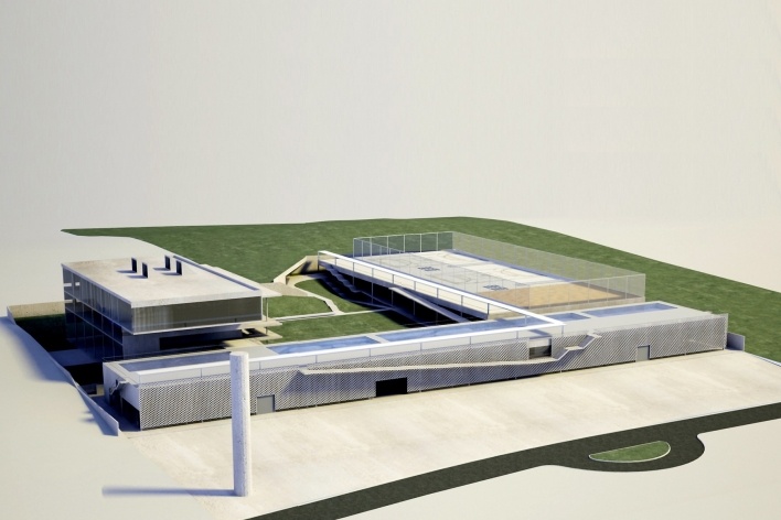 Concurso de Propostas Arquitetônicas para o futuro SESC Guarulhos, 6º lugar, vista geral leste. Escritório MMBB Arquitetos<br />Desenho divulgação 