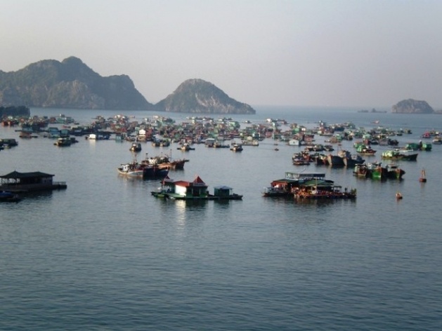 Cat Ba, barcos e casas flutuantes em frente à cidade <br />Foto Lucia Maria Borges de Oliveira 