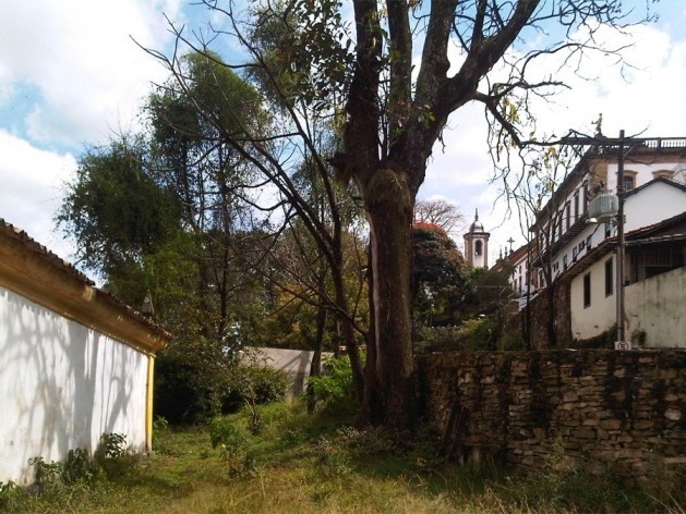 Próximo à igreja Nossa Senhora do Carmo, quintal com árvore limitado por arrimo de pedras<br />Foto Abilio Guerra 