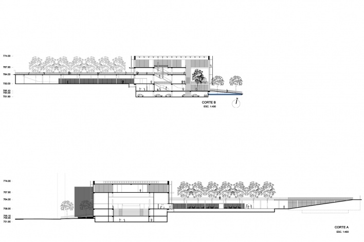 Concurso de Propostas Arquitetônicas para o futuro SESC Guarulhos, cortes, 4º lugar. Escritório Libeskind Llovet Arquitetos<br />Desenhos do escritório 