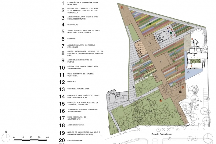 Praça Victor Civita - Museu Aberto da Sustentabilidade, planta – programa, São Paulo. Levisky Arquitetos Associados, 2008<br />Desenho do escritório 