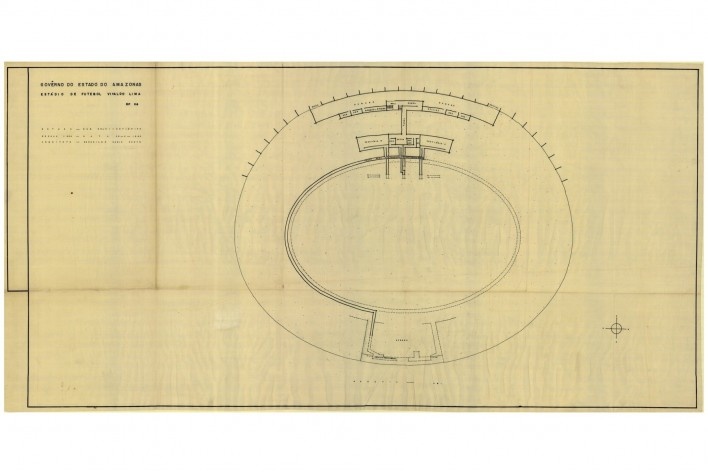 Estádio Vivaldo de Lima, planta subsolo. Arquiteto Severiano Porto, 1965<br />Escaneamento de Cláudio Muniz  [Acervo do Núcleo de Pesquisa e Documentação – FAU/UFRJ – Brasil]