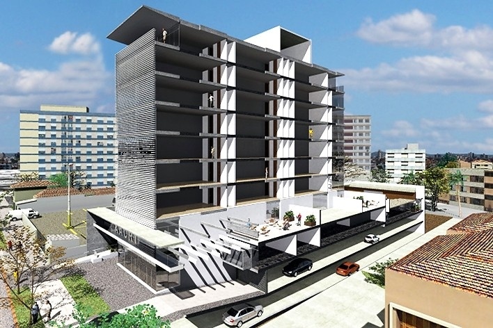 Nova Sede da AACRT – Associação dos Aposentados da Companhia Riograndense de Telecomunicações, corte longitudinal perspectivado. Moojen & Marques Arquitetos Associados + Arquiteto Cláudio Ferraro, 2008<br />Desenho escritórios 