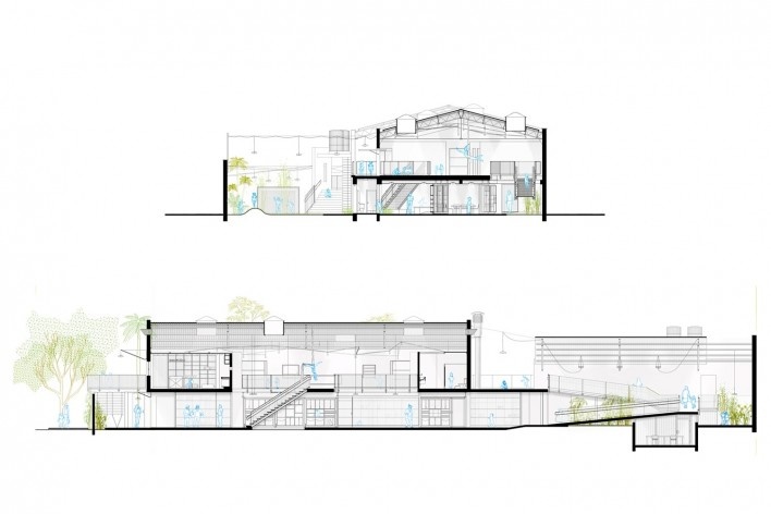 Wish School, cortes transversal e longitudinal, São Paulo SP Brasil, 2016. Arquitetos Alexandre Gervásio, Erico Botteselli, Lucas Thomé e Pedro de Bona / Grupo Garoa Arquitetos Associados<br />Imagem divulgação/ Disclosure image  [Acervo/ Collection Grupo Garoa Arquitetos Associados]