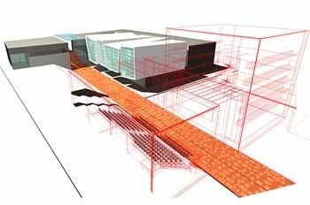 Vista da passarela com os departamentos de artes cênicas e corporais ao fundo<br />Imagem dos autores do projeto 
