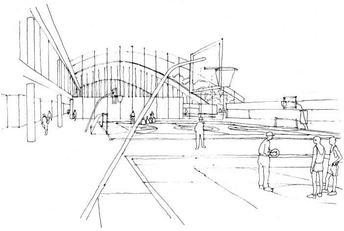 Concurso de Propostas Arquitetônicas para o futuro SESC Guarulhos, 5º lugar, ginásio coberto. Escritório Ricoy Torres Consultoria e Projetos<br />Desenho divulgação 