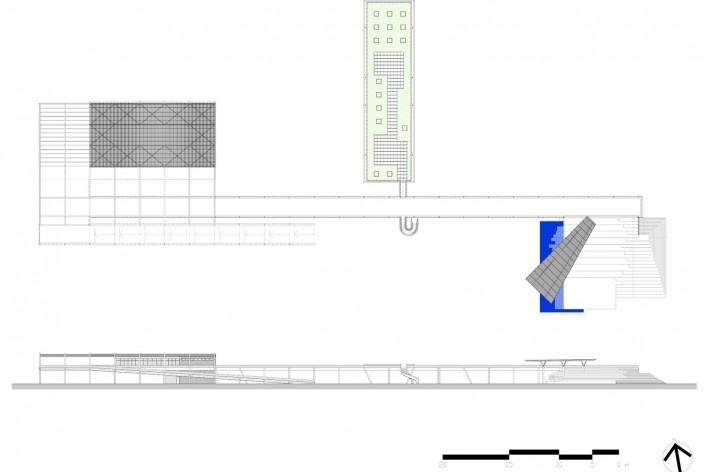 GCP Arquitetos, Arena Multiuso Governador José Fragelli, Cuiabá, 2014. Restaurante e marquise. Planta e corte<br />GCP Arquitetos 
