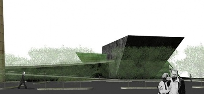 Vista lateral a partir do estacionamento descoberto<br />Imagem do autor do projeto 