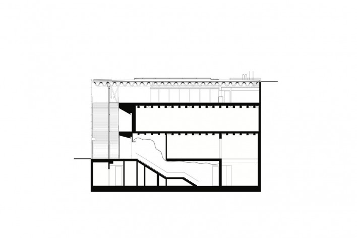 New Aspen Art Museum, Colorado, east/west section. Shigeru Ban Architects
