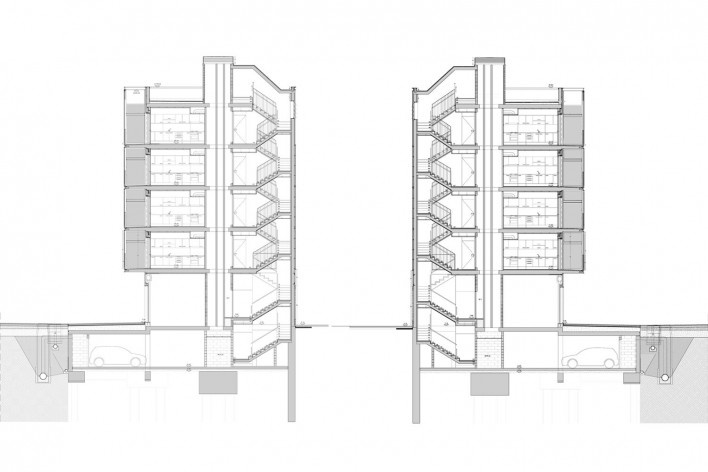 Conjunto Habitacional Fira de Barcelona – L’Hospitalet de Llobregat, cortes do edifício, Barcelona 2009. ONL Arquitectura<br />Imagem divulgação 