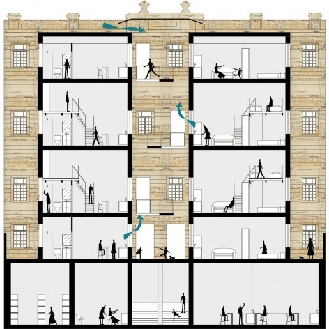Reabilitação de edifício para habitação popular, corte transversal indicando fosso central e acessos. Debora Portugheis, Gabriela Xavier, Gustavo Ramos e Mariana Souto, FAU USP<br />3º lugar 
