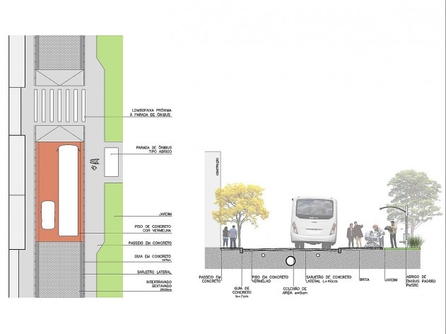 Diagrama de projeto. Detalhe do ponto de ônibus tipo totem. Projeto de Urbanização Integrada<br />Fonte Boldarini Arquitetos Associados 