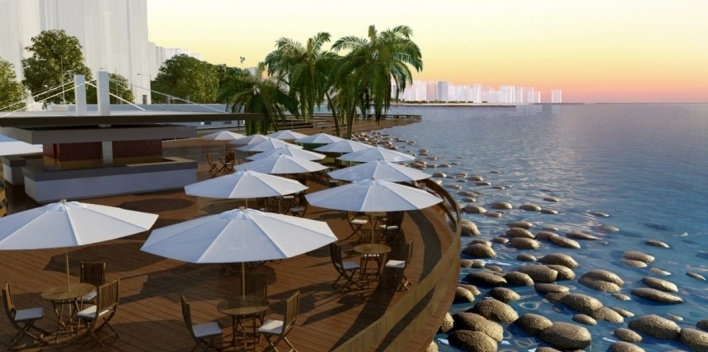 Deck com mesinhas para contemplação da paisagem