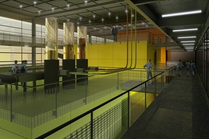 Concurso Internacional para Projeto Arquitetônico do Museu Exploratório de Ciências da Unicamp, vista da área de exposições, a partir da passarela do nível intermediário (N654), menção honrosa. Arquitetos Alessandro Muzi, Hernani Paiva e Luiz Kuller, 2009<br />Imagem equipe 
