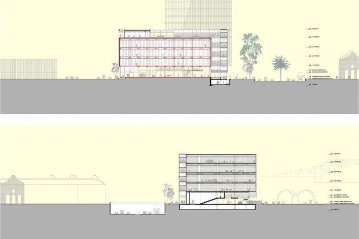 Concurso Anexo da Biblioteca Nacional, cortes transversais, Rio de Janeiro, 2º lugar, arquitetos Eduardo de Almeida, Helena Ayoub, Cesar Shundi Iwamizu<br />Imagem divulgação 