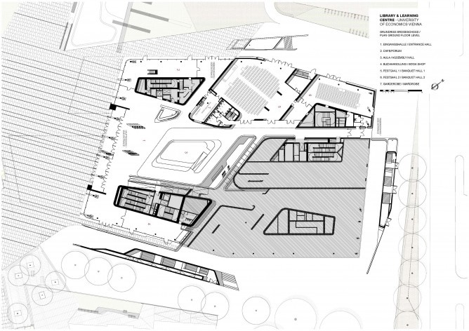 Library and Learning Centre, University of Economics & Business Vienna, plan ground floor. Zaha Hadid Architects