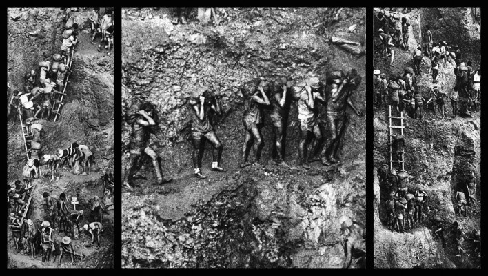 “O inferno de Bosch segundo Sebastião Salgado”, tríptico 3, fragmentos da exposição fotográfica “Gold – Mina de Ouro Serra Pelada”<br />Fotomontagem de Abilio Guerra 