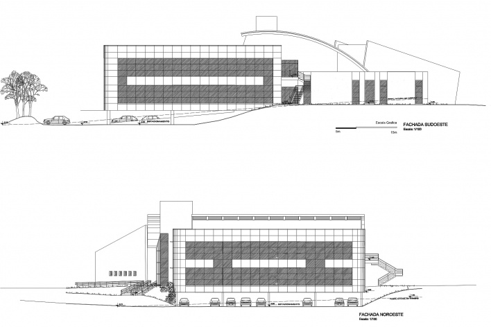 CEITEC – Centro de Excelência em Tecnologia Eletrônica Avançada, fachada sudoeste e fachada noroeste, Porto Alegre RS. Arquiteto Raul Macadar, 2009<br />Desenho equipe 