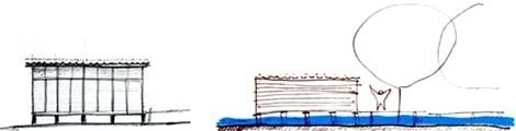 Croquis da fachada e da fachada com o rio no leito maior<br />Imagem dos autores do projeto 