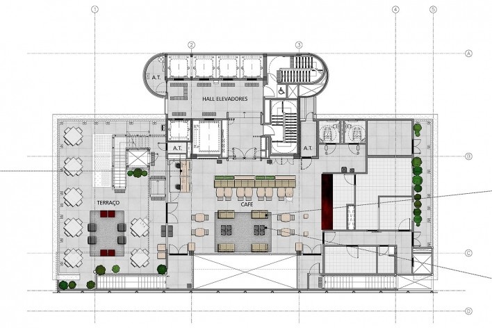 Sesc Avenida Paulista, planta 15º pavimento - café, escritório Königsberger Vannucchi, 2018
<br />Imagem divulgação  [Königsberger Vannucchi Arquitetos Associados]