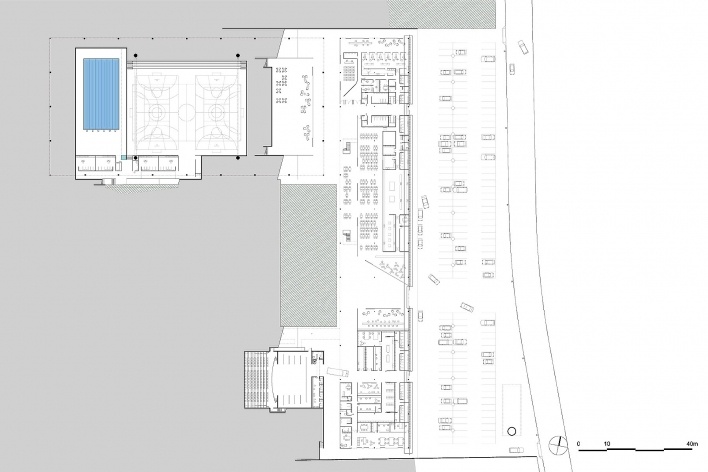 Concurso de Propostas Arquitetônicas para o futuro SESC Guarulhos, 6º lugar, planta nível entrada inferior. Escritório MMBB Arquitetos<br />Desenho divulgação 