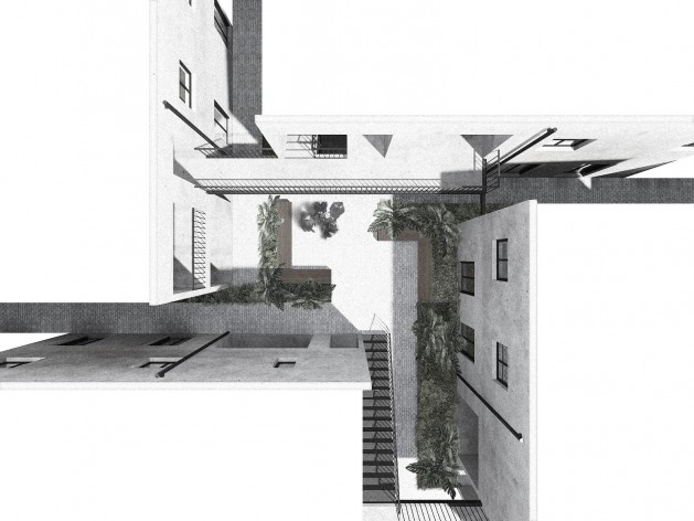 Vila Amélia, perspectiva de topo do conjunto, Sertãozinho SP, 2015-2017. Arquitetos Fernando O’Leary, Pedro Domingues e Pedro Faria<br />Imagem divulgação  [Vaga Arquitetura]