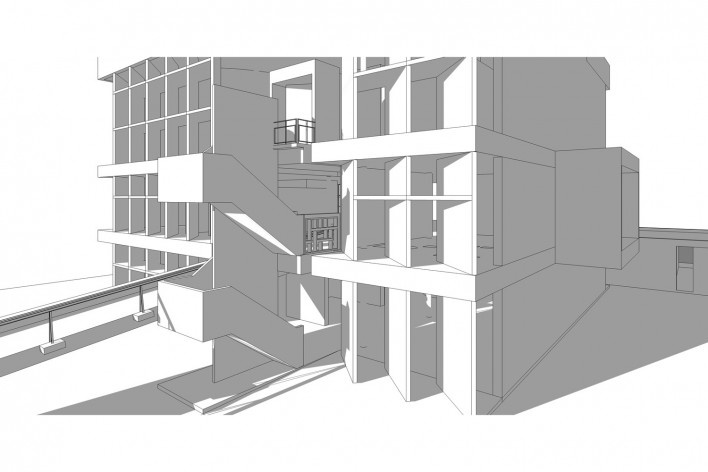 Associação da Indústria Têxtil, vista externa do edifício, Ahmedabad, Gujarat, Índia, 1954. Arquiteto Le Corbusier<br />Elaboração/ Elaboración Edson Mahfuz 