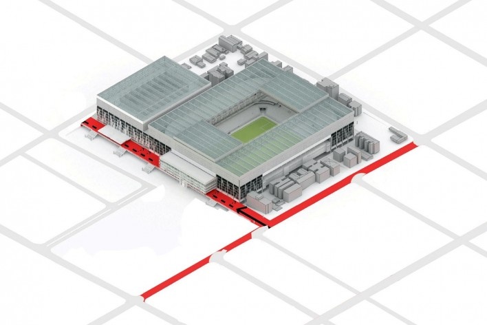 Complexo Esportivo e Cultural Clube Atlético Paranaense, axonométrica do conjunto, Curitiba. Arquiteto Carlos Arcos<br />Imagem divulgação 