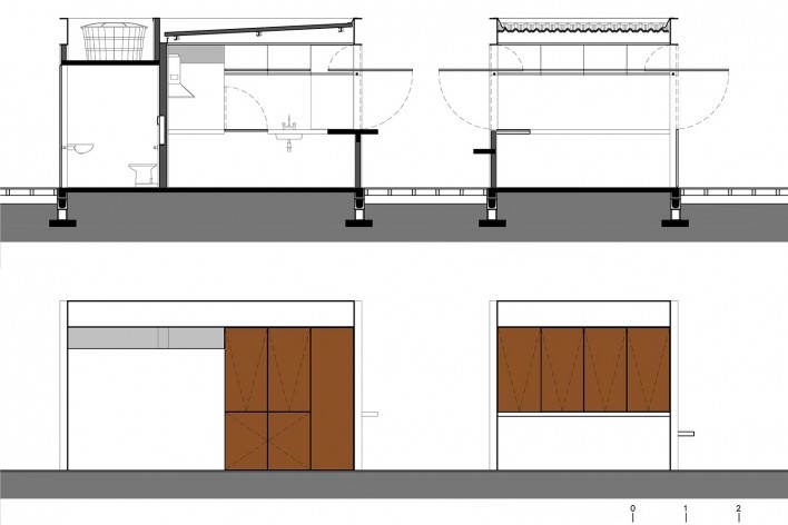 Requalificação urbana e ambiental da orla de Ilha Comprida, Quiosque, corte transversal e elevação, 2019. Arquitetos Marcos Boldarini e Lucas Nobre<br />Imagem divulgação 