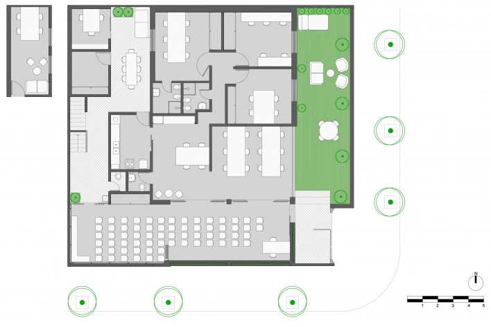 Wikilab Coworking, planta baixa com configuração de auditório de 60 pessoas, São Carlos, 2016. Arquiteto José Calijuri Hamra<br />Imagem divulgação 
