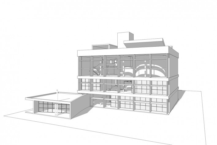 Associação da Indústria Têxtil, vista externa do edifício, Ahmedabad, Gujarat, Índia, 1954. Arquiteto Le Corbusier<br />Elaboração/ Elaboración Edson Mahfuz 