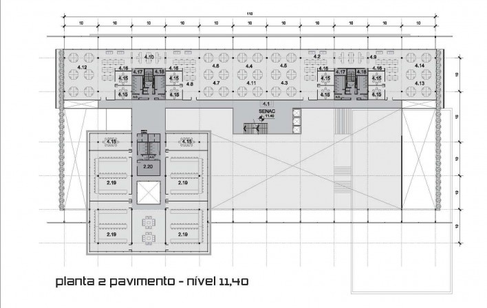 Concurso Sistema Fecomércio‐RS, planta pavimento cota 11.40m. Gabriel Cruz Grandó e equipe, 2º lugar, 2011