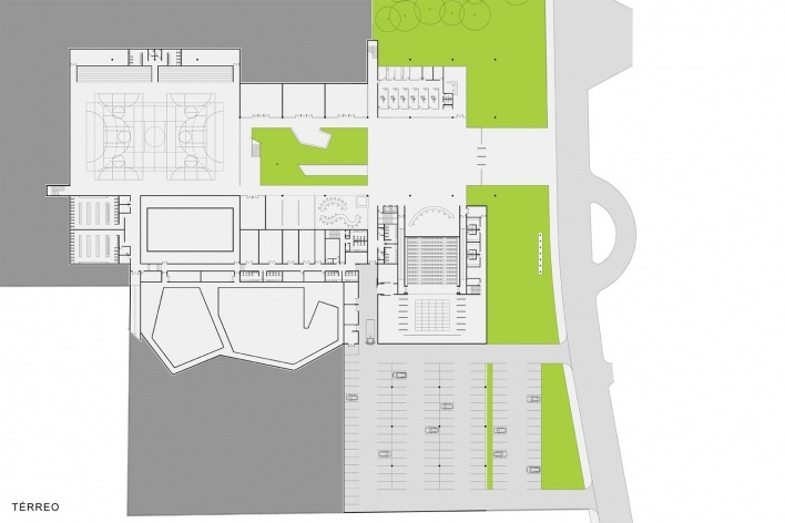 Concurso de Propostas Arquitetônicas para o futuro SESC Guarulhos, 1º lugar, térreo. Arquitetos Renato Dal Pian e Lilian Dal Pian<br />Desenho do escritório 