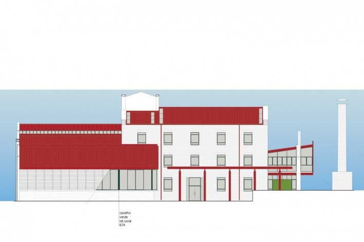 Fábrica de Sal – Centro Educacional de Ribeirão Pires, elevação com cromatização da fachada do Centro de Qualificação de Professores, 2001-2003. Arquitetos Rafael Perrone e Márcio do Amaral<br />Imagem divulgação 