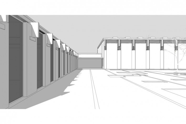 Saint Catherine’s College, vista parcial do edifício de serviço e do refeitório, Oxford, Inglaterra, 1959-1964, arquiteto Arne Jacobsen<br />Modelo tridimensional de Edson Mahfuz e Ana Karina Christ 