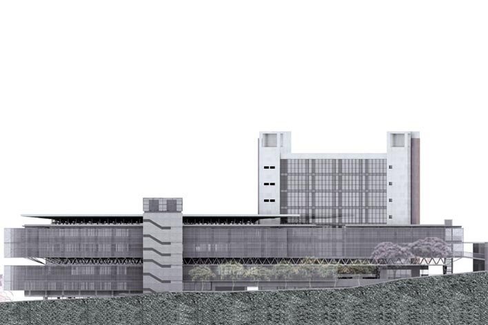 Centro de Referência em Empreendedorismo do Sebrae-MG, fachada Rua Botorubi, 3º lugar. Arquiteto Enrique Hugo Brena, 2008<br />Desenho escritório 