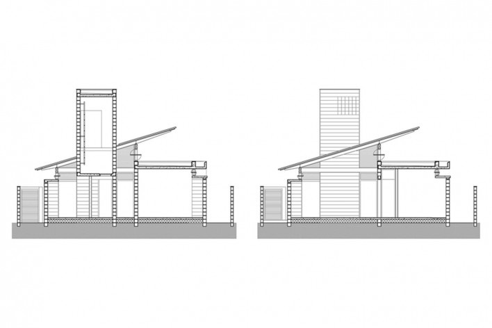 Residência em Guaecá, cortes transversais, São Sebastião SP Brasil, 2006. Arquitetos Henrique Fina, Luis Mauro Freire e Maria do Carmo Vilariño (autores) / Projeto Paulista<br />Imagem divulgação  [Acervo Projeto Paulista]