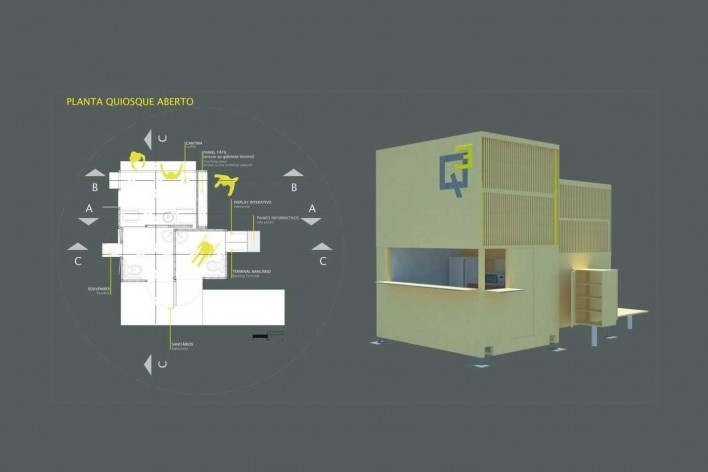 Projeto de quiosque para parques públicos de São Paulo, planta aberta. Beatriz Carra Bertho, Gabriela Ortega, Maíra de Camargo Barros, Mariela Mezalira, Ricardo Marchesini Galvão. 3º. prêmio categoria estudantes, 2009.