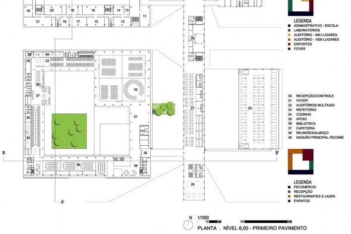 Concurso Sistema Fecomércio‐RS, planta nível +8,00 (detalhe). V.A. Arquitetura / Emerson Vidigal, 1º lugar, 2011