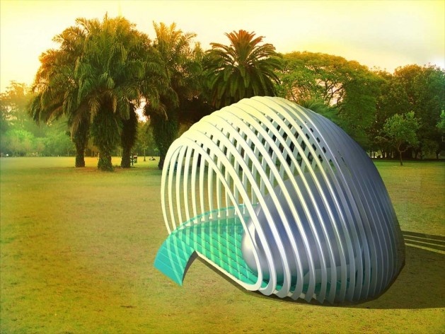 Projeto de quiosque para parques públicos de São Paulo, Inserção do quiosque no contexto de um parque, Angela Ishibashi e Rafael Derderian. 2º. prêmio categoria estudantes, 2009.