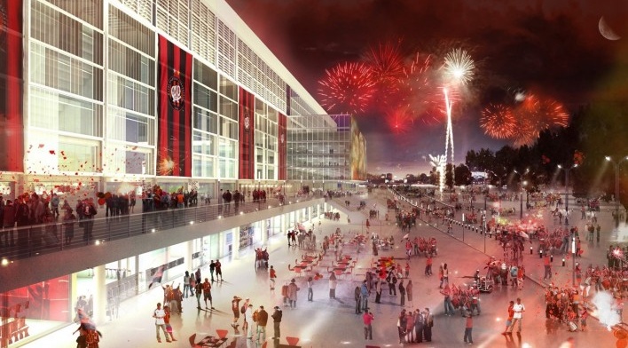 Complexo Esportivo e Cultural Clube Atlético Paranaense, perspectiva da esplanada e bulevar comercial do complexo, Curitiba. Arquiteto Carlos Arcos<br />Imagem divulgação 