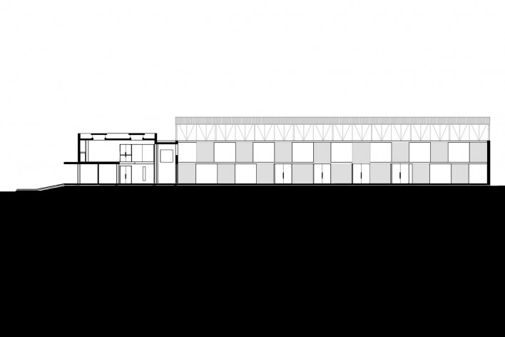 Cootrapar – cooperativa de trabajadores de aceros del Paraguay. Corte longitudinal. Arq. Luis Alberto Elgue y Arq. Cynthia Solis Patri. Villa Hayes, Paraguay. 2007 – 2008.