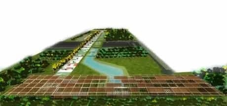 Vista aérea geral do parque com pérgola ao primeiro plano<br />Imagem dos autores do projeto 
