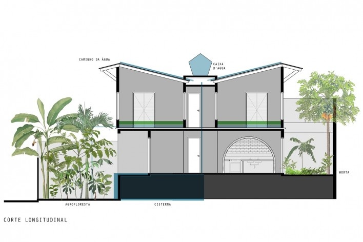 Casa do arquiteto, corte longitudinal, Butantã, São Paulo, 2012. Arquiteto Tomaz Lotufo<br />Desenho Flávia Burcatovsky  [Escritório Tomaz Lotufo]