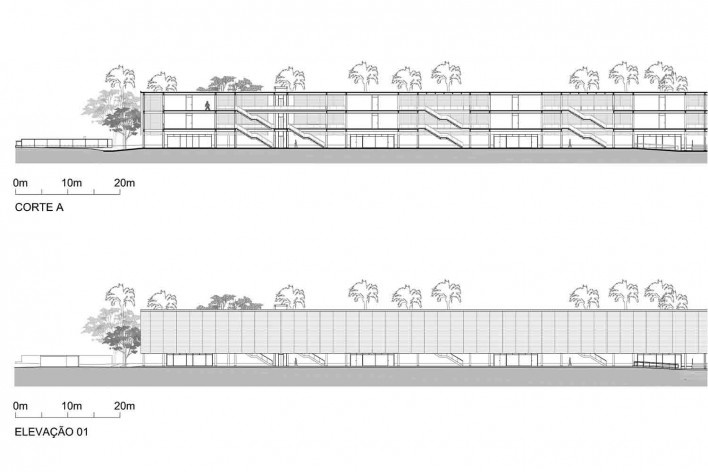 Dormitórios e alojamentos para professores e estudantes, corte e elevação, Miraflores, Panamá, 2014. Sic Arquitetura<br />Imagem divulgação 