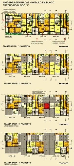 Plantas baixas - trechos dos blocos B ou C<br />Imagem dos autores do projeto 