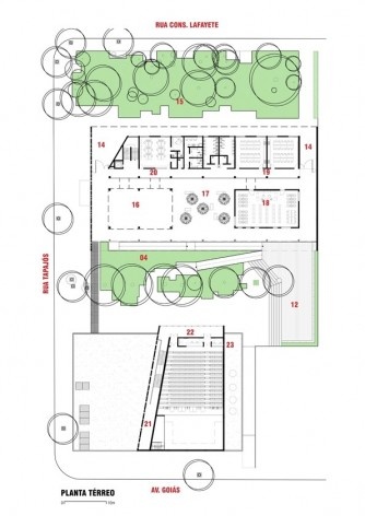 Centro de capacitação dos profissionais da educação Dra. Zilda Arns. Planta Térreo, Carolina Penna Arquitetura e Urbanismo, 2008 – 2011. São Caetano do Sul, SP - Brasil [Carolina Penna Arquitetura e Urbanismo]