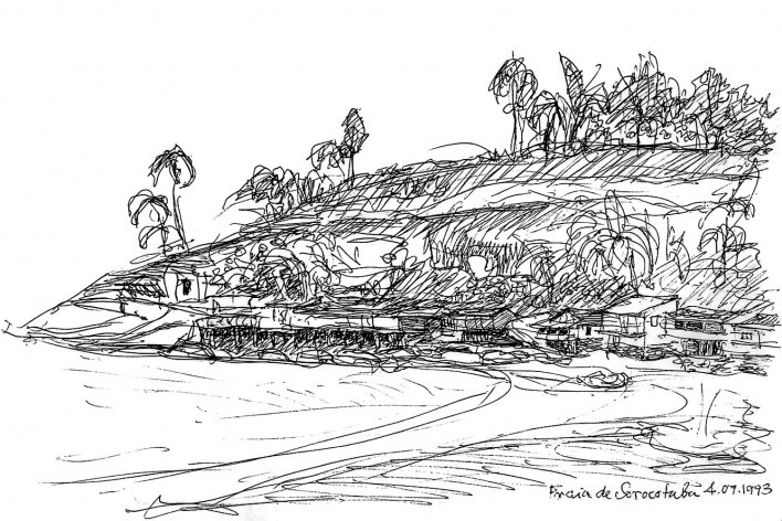 Praia de Sorocotuba, com uma vila clandestina, muito bonita, sobre os rochedos da belíssima praia, Guarujá, 1993<br />Desenho de Hans Broos  [Acervo Iphan Regional SP]