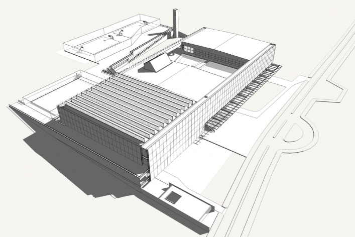 Concurso de Propostas Arquitetônicas para o futuro SESC Guarulhos, volumetria, 8º lugar. Andrade Morettin Arquitetos<br />Desenho equipe 